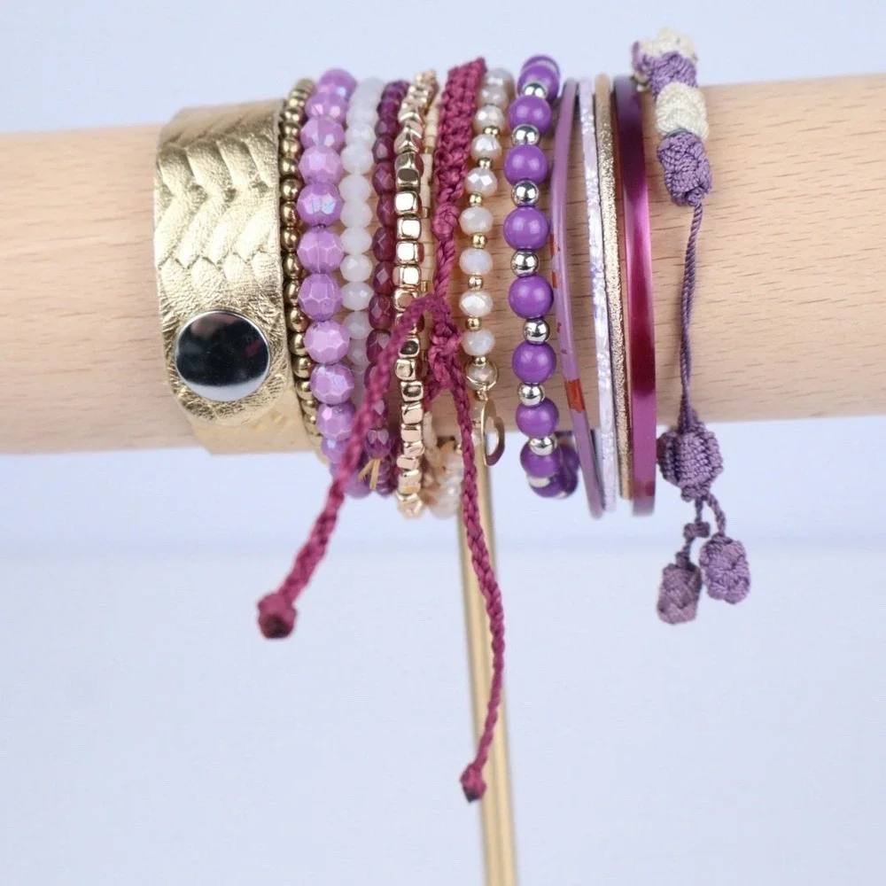 Women Bracelet Stack (15) Bangle Beaded Woven Stretch Purple Gold‎ Leather Stone